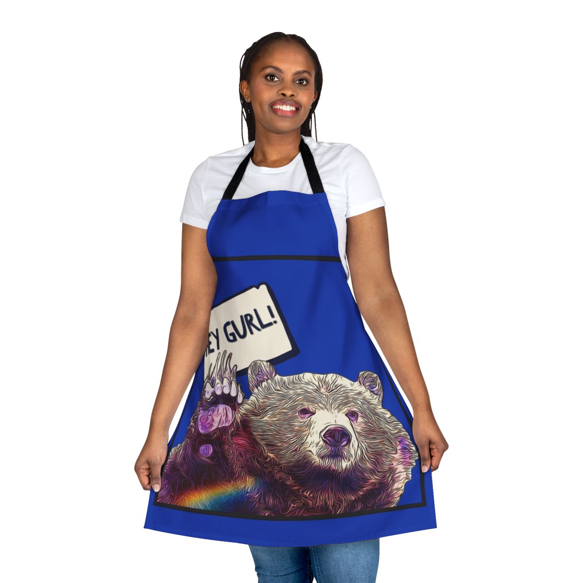 Colorful apron with "Hey Gurl" text, celebrating LGBTQ+ pride and bear style.