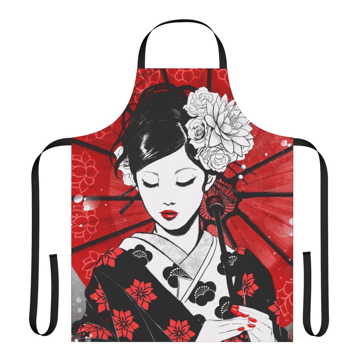Beautifully designed apron featuring a geisha motif, perfect for the kitchen or as a home decor accent.