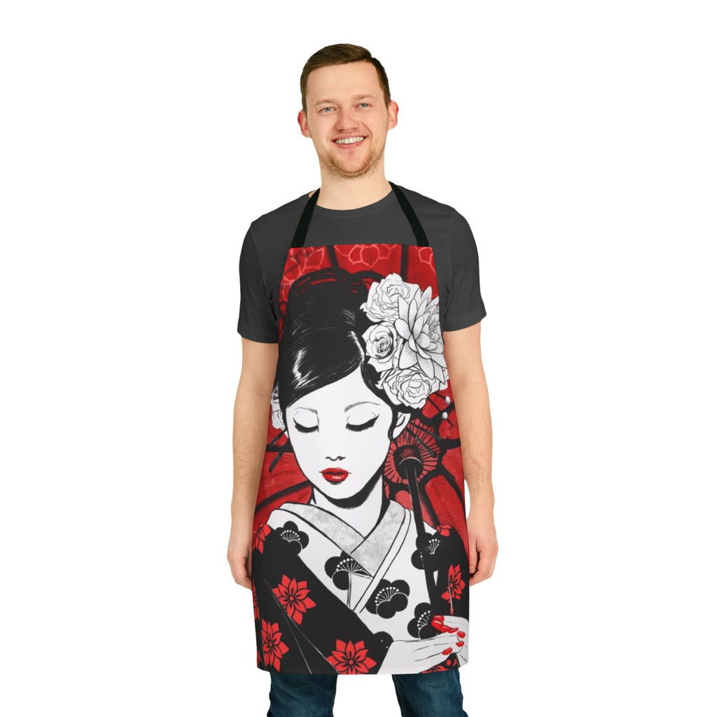 Beautifully designed apron featuring a geisha motif, perfect for the kitchen or as a home decor accent.