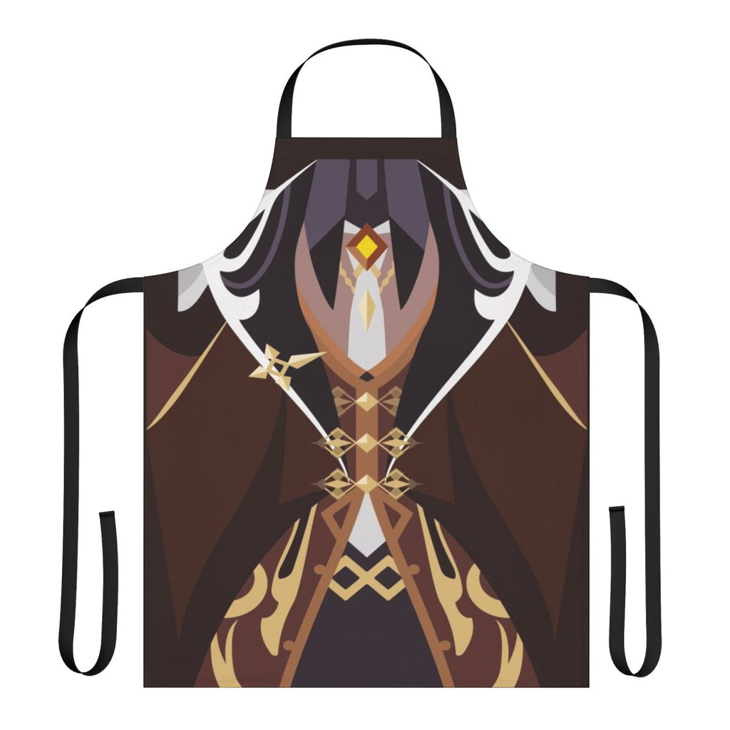 Geo-themed cosplay apron featuring brown and gold design, inspired by Zhongli/Morax from the game Genshin Impact.