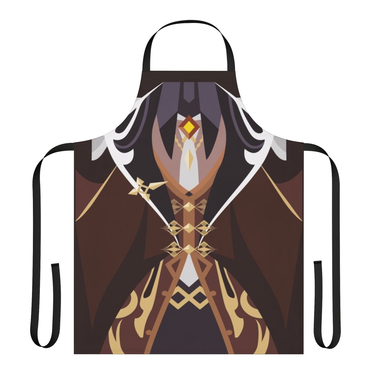 Geo-themed cosplay apron featuring brown and gold design, inspired by Zhongli/Morax from the game Genshin Impact.
