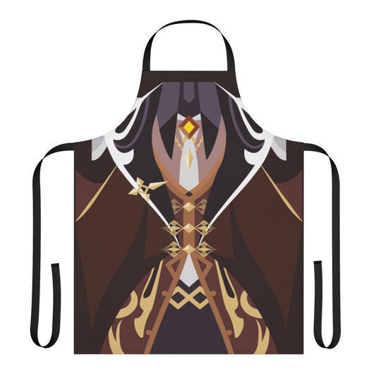 Geo-themed cosplay apron featuring brown and gold design, inspired by Zhongli/Morax from the game Genshin Impact.