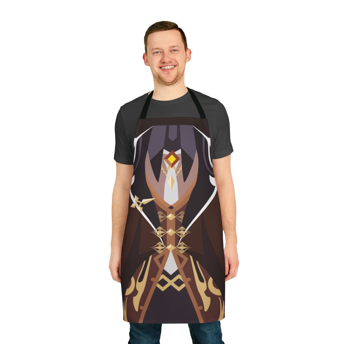 Geo-themed cosplay apron featuring brown and gold design, inspired by Zhongli/Morax from the game Genshin Impact.