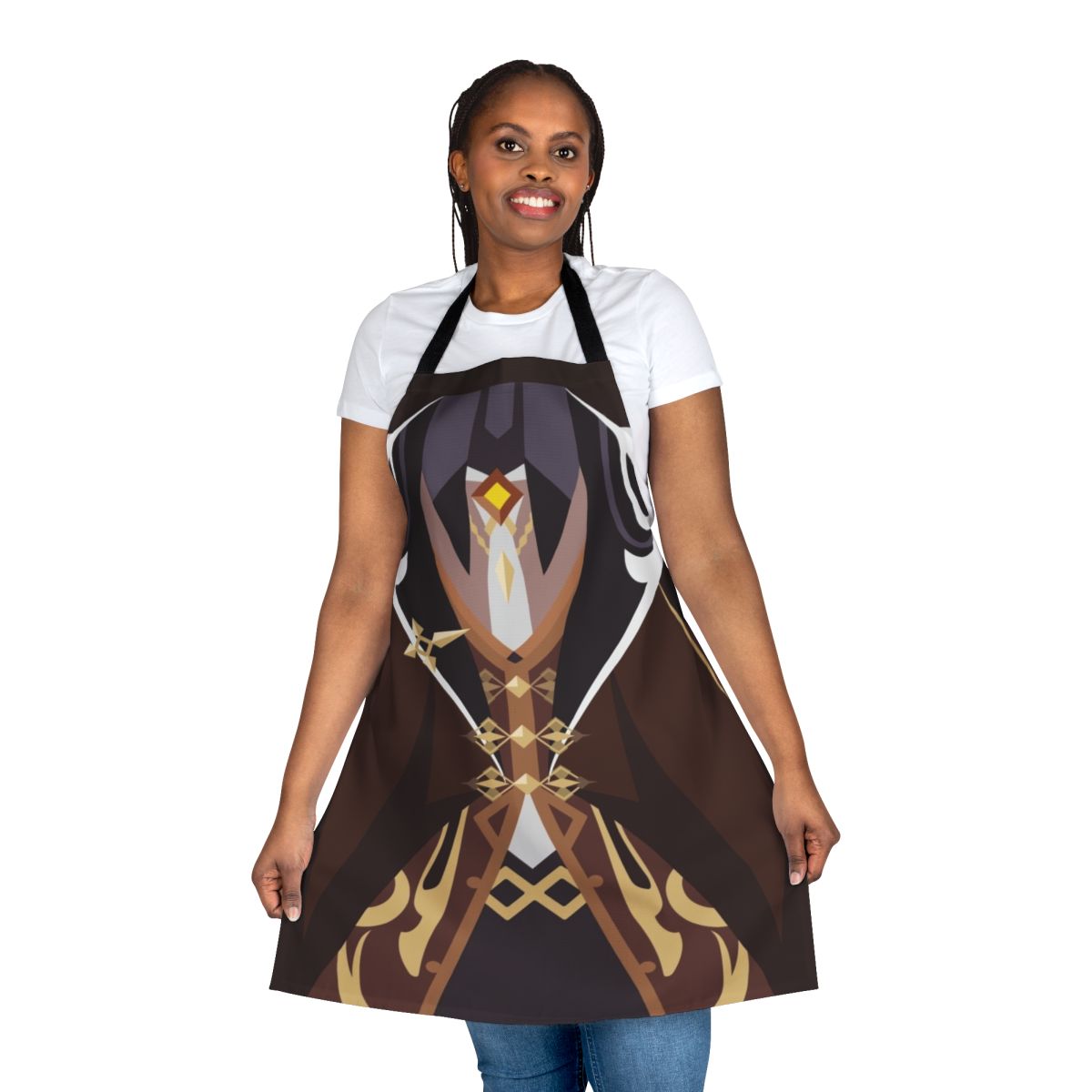 Geo-themed cosplay apron featuring brown and gold design, inspired by Zhongli/Morax from the game Genshin Impact.