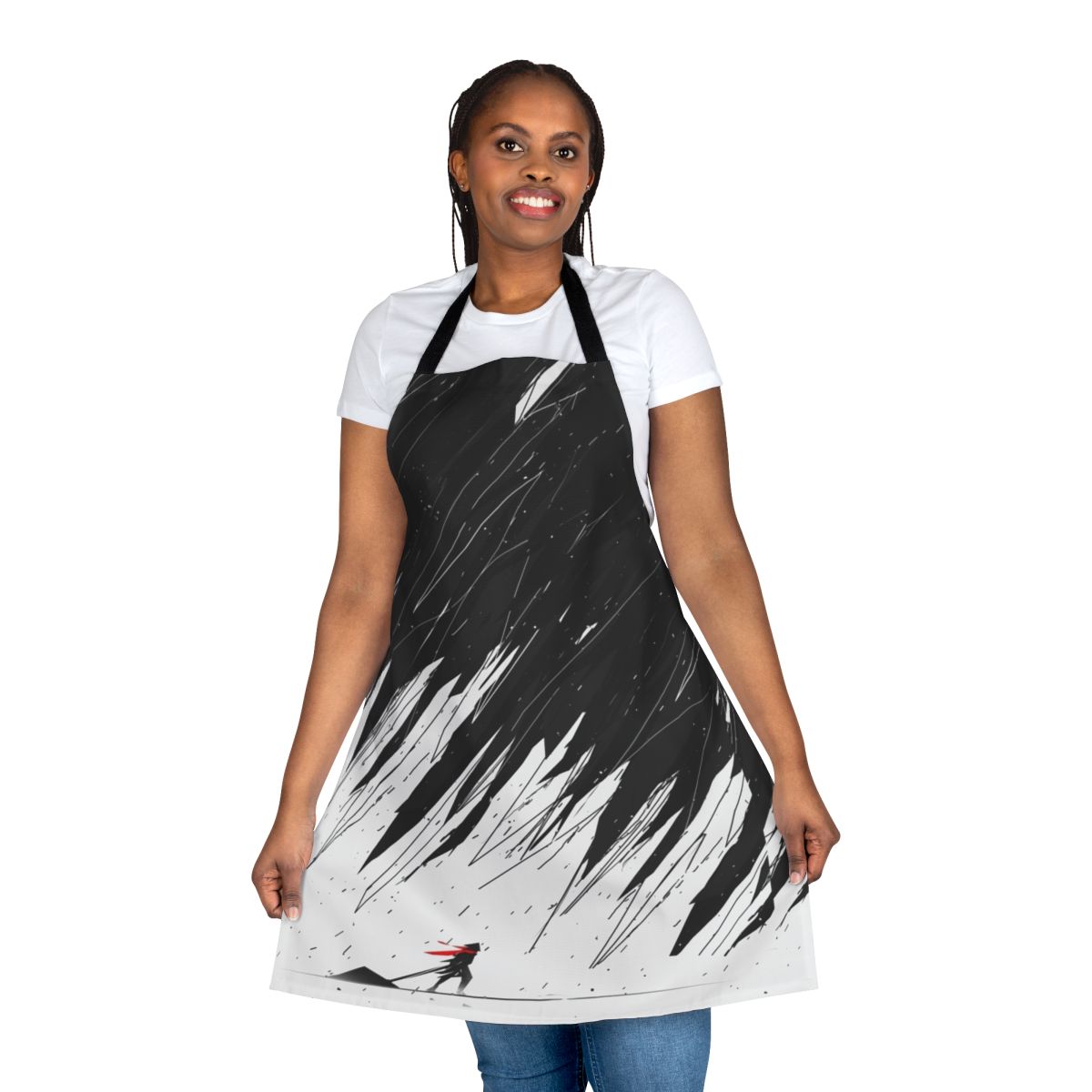 A geometric-patterned apron with abstract shapes and nature-inspired designs