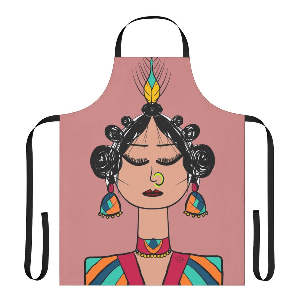 Photograph of a whimsical diva doll-inspired apron with geometric patterns in pink, orange, and blue.