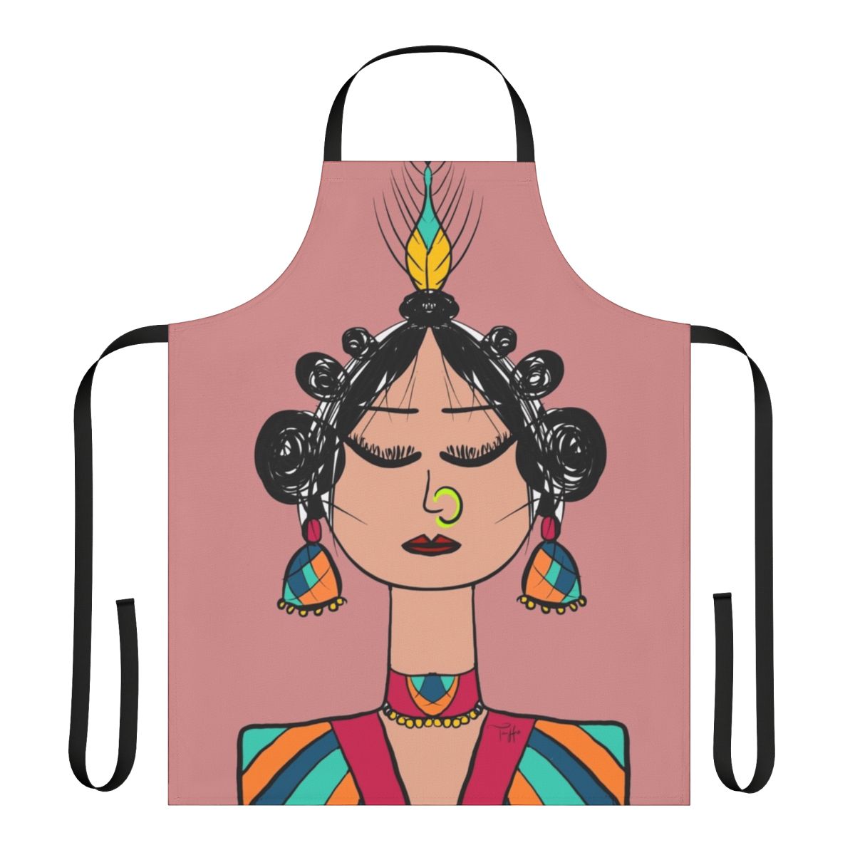 Photograph of a whimsical diva doll-inspired apron with geometric patterns in pink, orange, and blue.