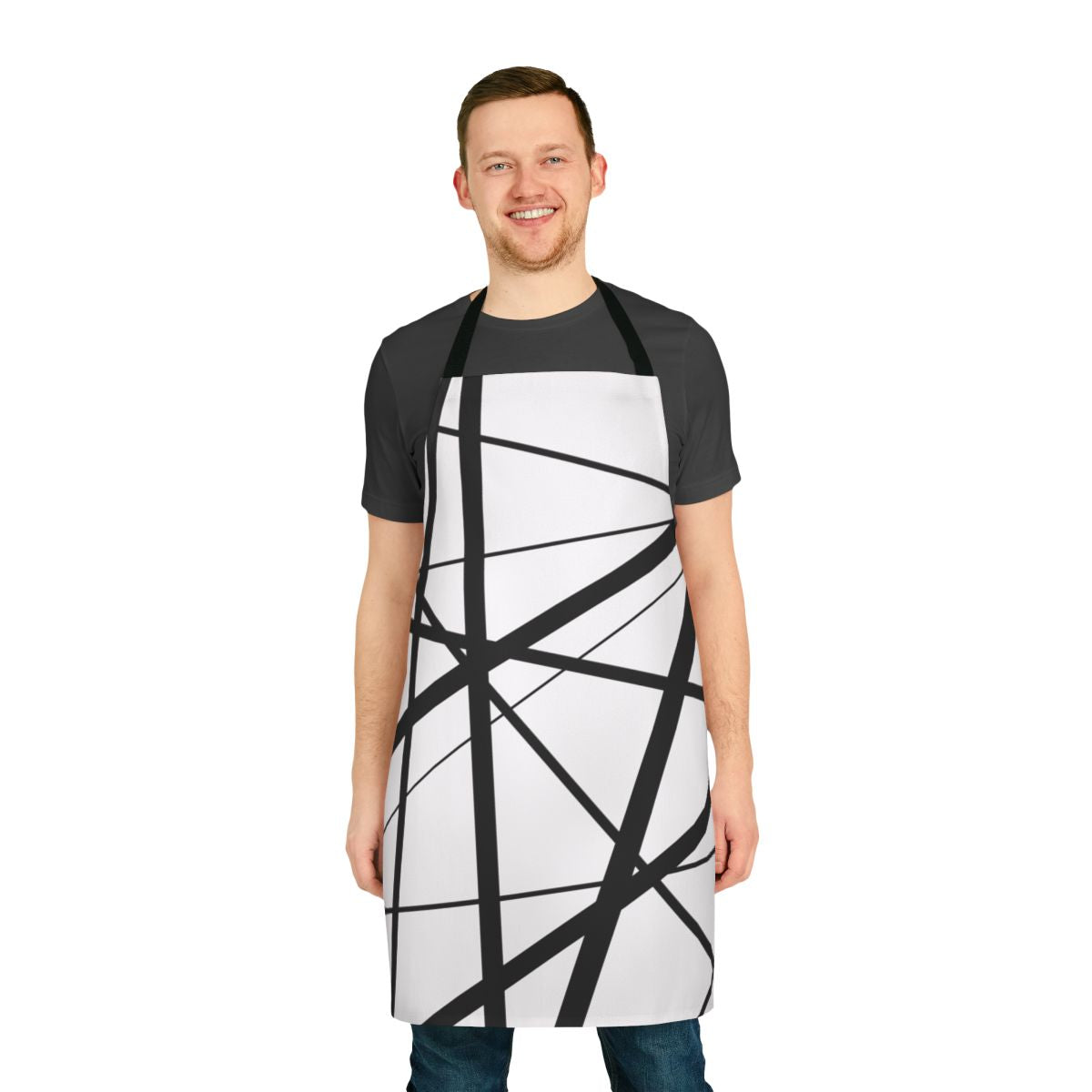 Monochrome apron with abstract geometric black and white lines design
