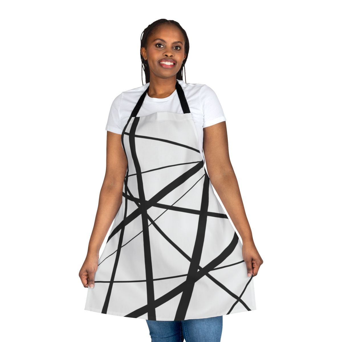 Monochrome apron with abstract geometric black and white lines design