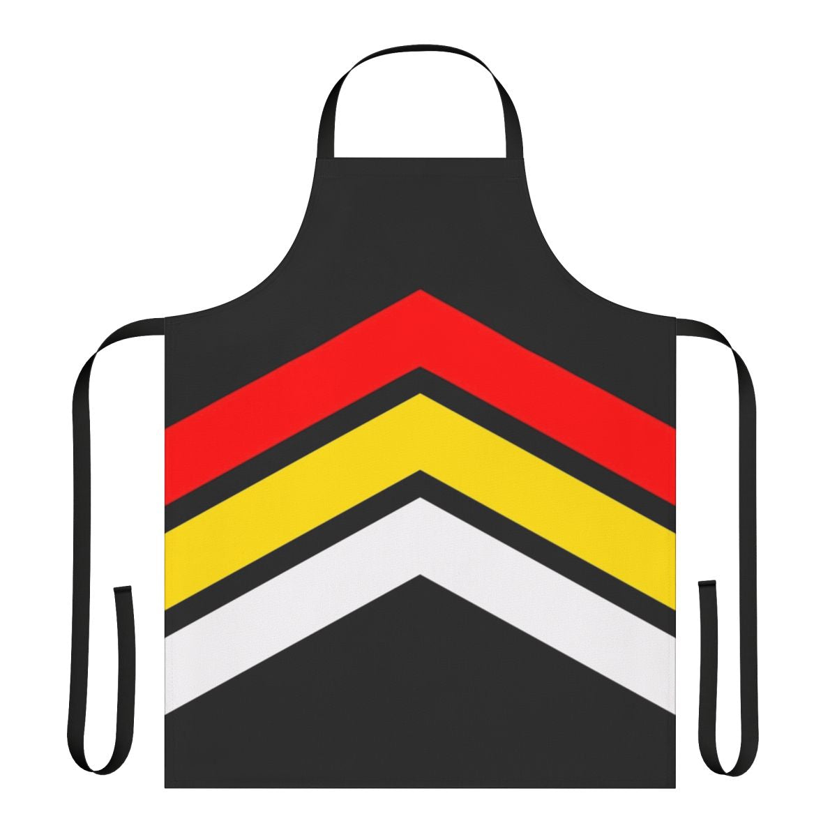 A colorful geometric striped apron with a vintage, retro 90s style.