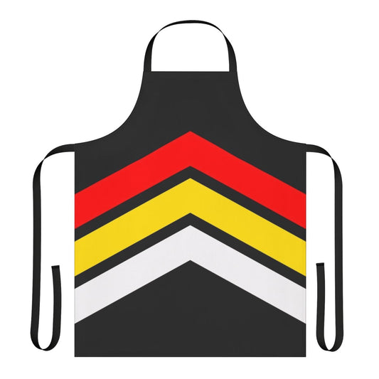 A colorful geometric striped apron with a vintage, retro 90s style.