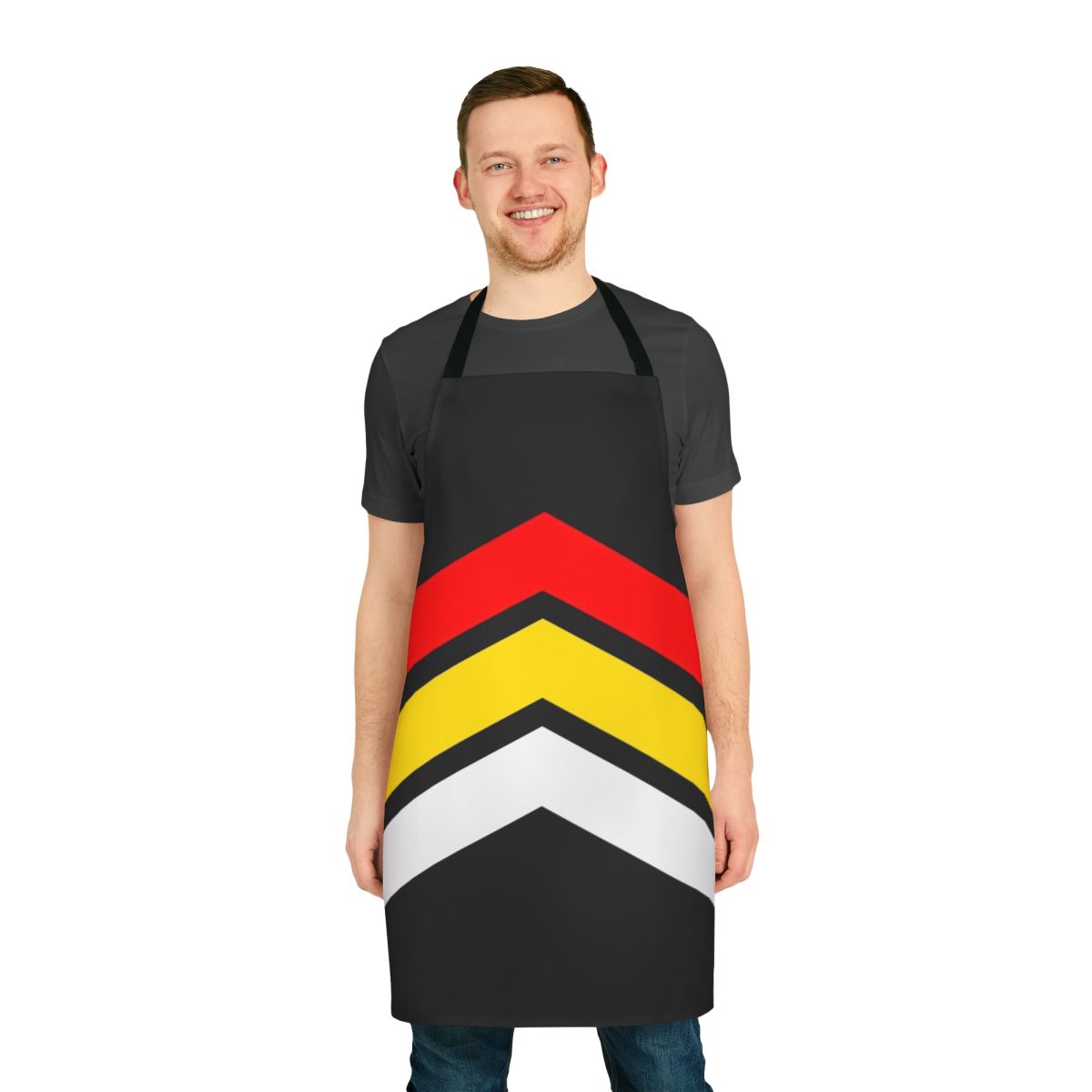 A colorful geometric striped apron with a vintage, retro 90s style.