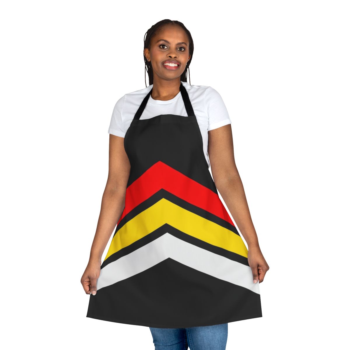 A colorful geometric striped apron with a vintage, retro 90s style.