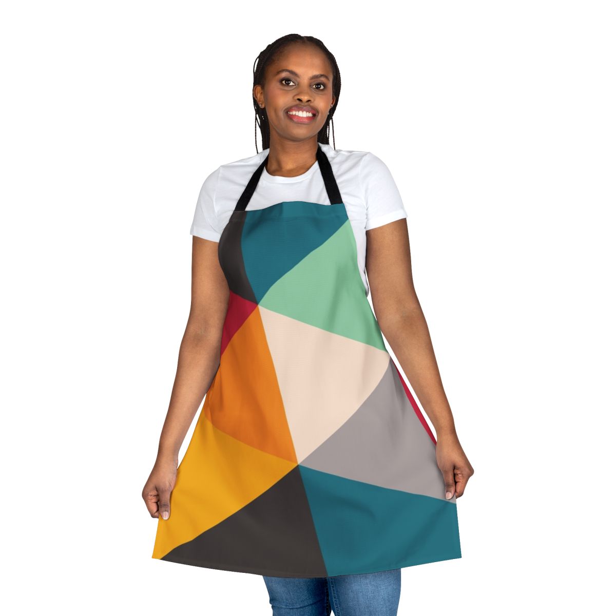 Colourful, geometric triangles pattern on a high-quality, modern home kitchen apron
