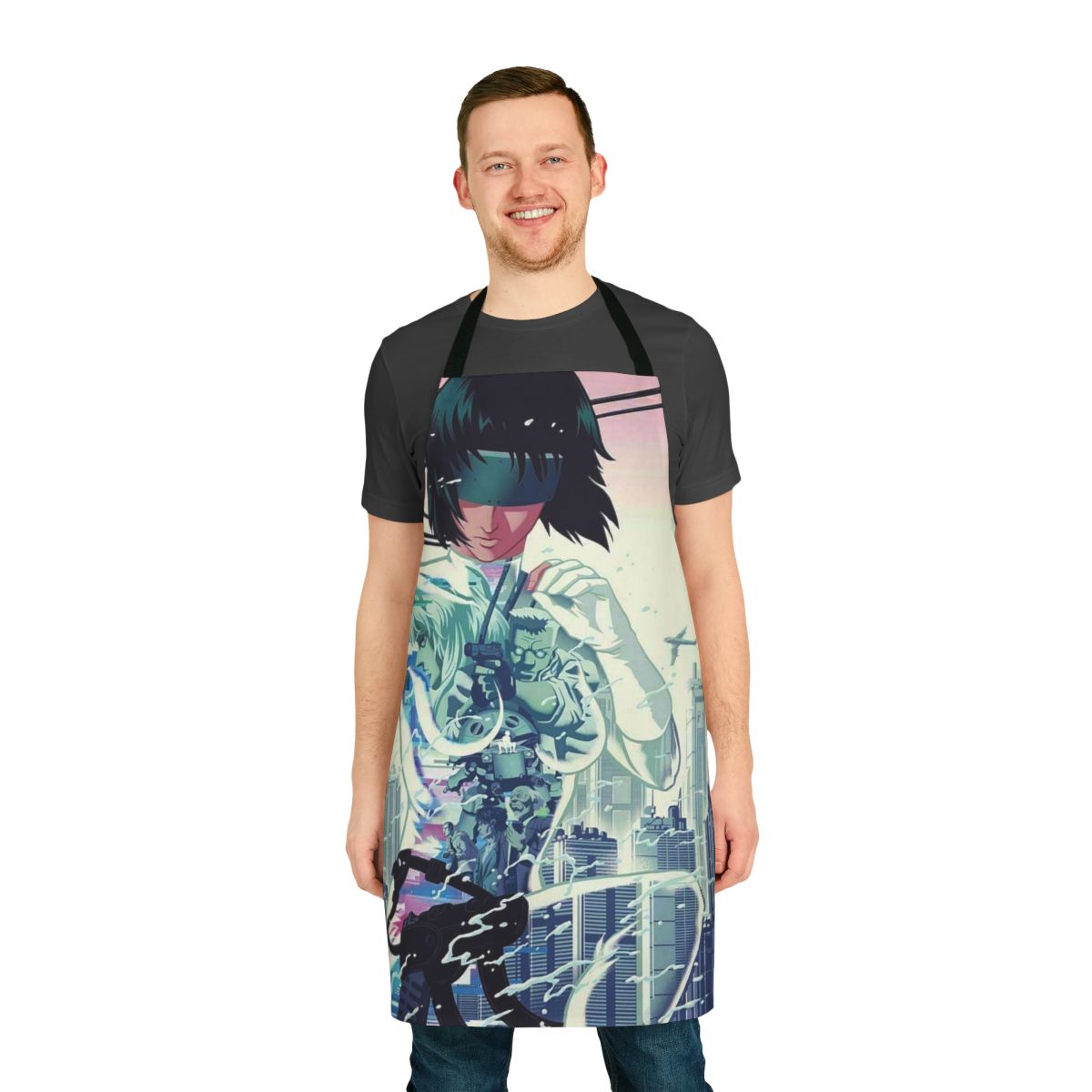 Ghost in the Shell-inspired apron with anime and manga character designs