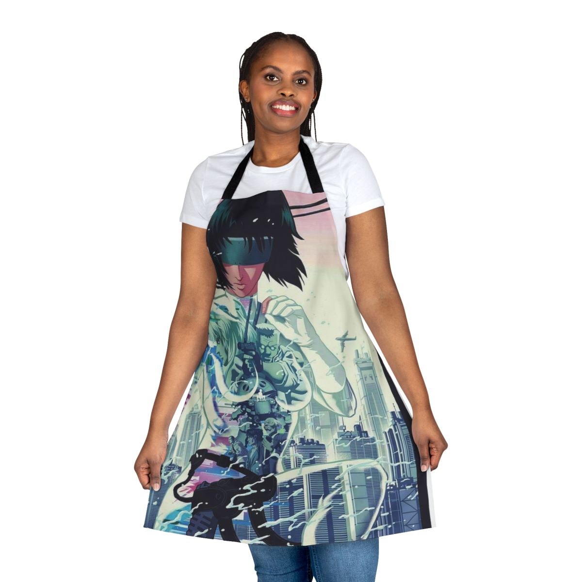 Ghost in the Shell-inspired apron with anime and manga character designs
