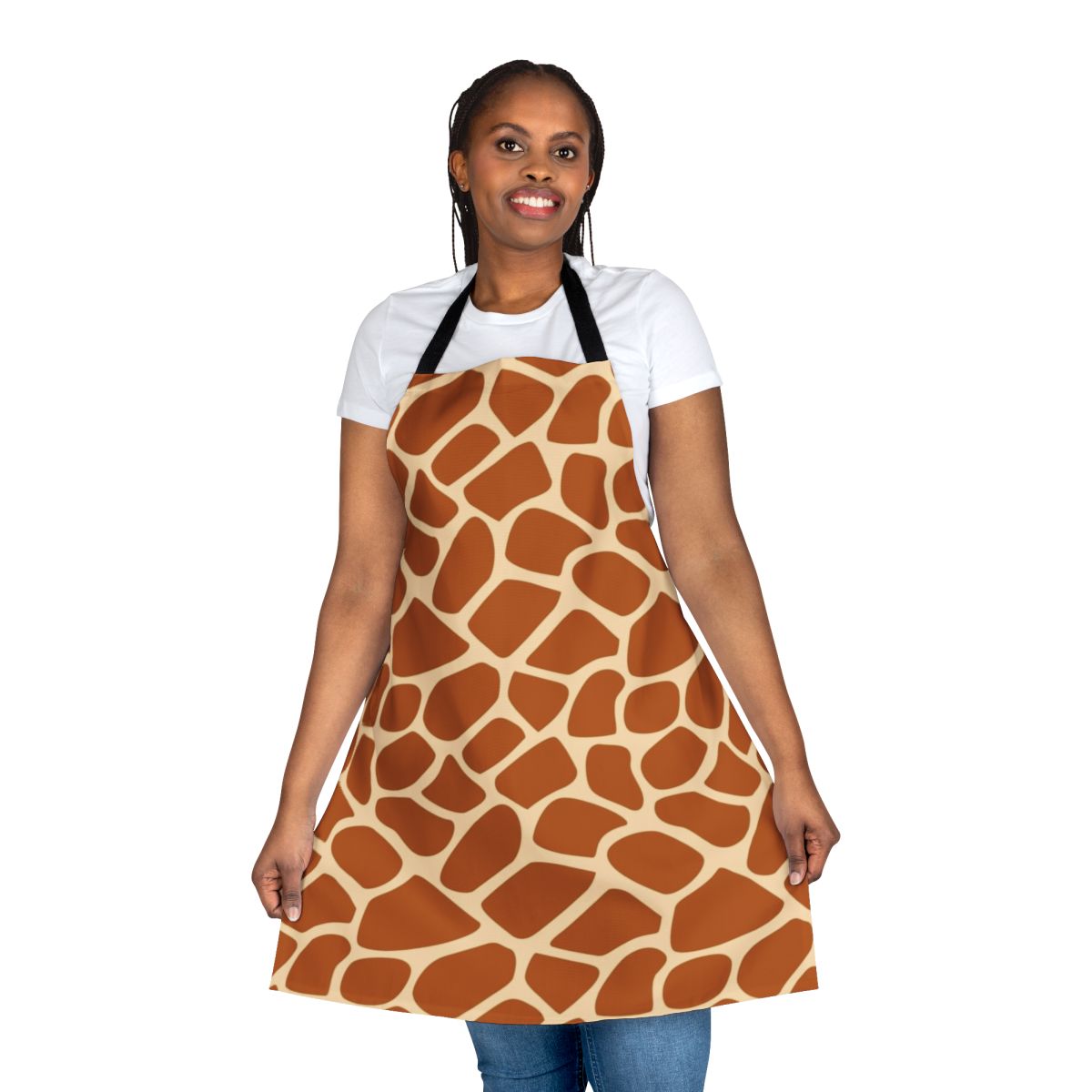 A high-quality giraffe print apron featuring a vibrant safari-inspired design.