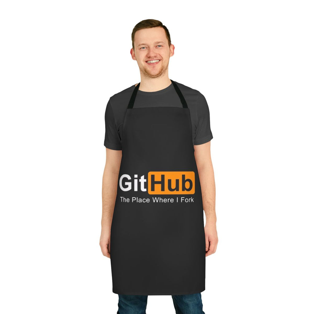 Durable apron with "Github: The Place Where I Fork Programming" design for software developers, coders, and programmers.