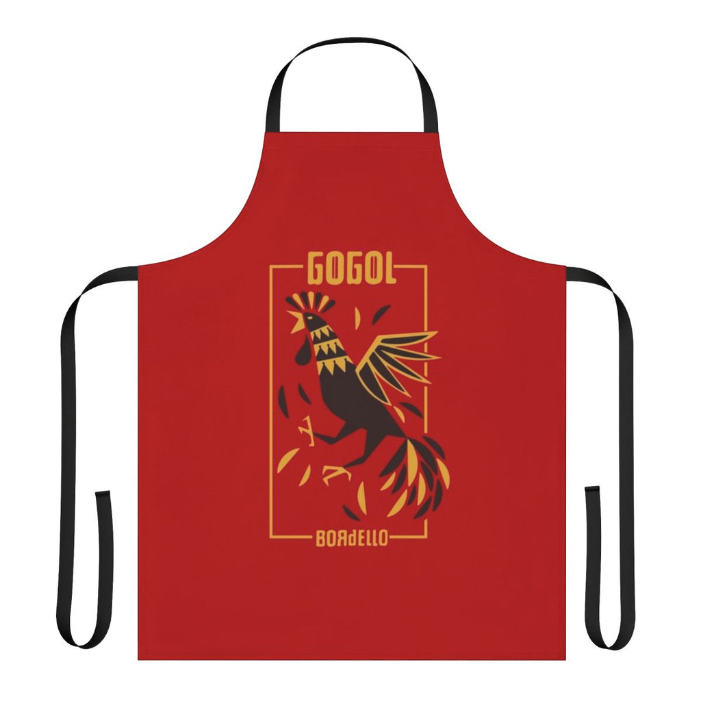 Gogol Bordello-inspired apron with blue eyes, mustache, and brown hair illustration