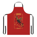 Gogol Bordello-inspired apron with blue eyes, mustache, and brown hair illustration