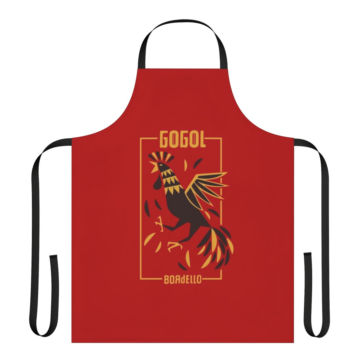 Gogol Bordello-inspired apron with blue eyes, mustache, and brown hair illustration