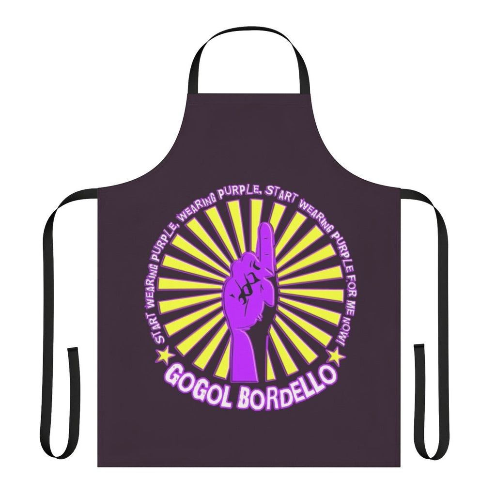Gogol Bordello inspired purple apron with the band's name and logo