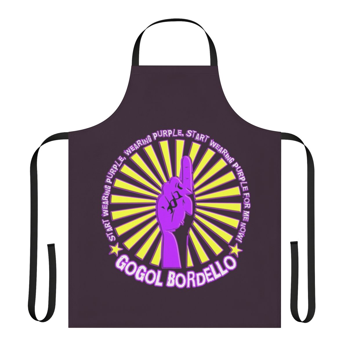 Gogol Bordello inspired purple apron with the band's name and logo