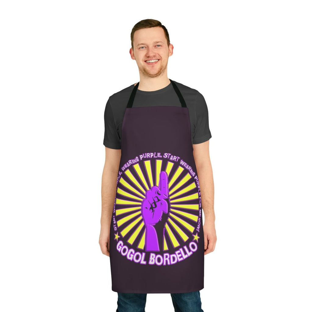 Gogol Bordello inspired purple apron with the band's name and logo