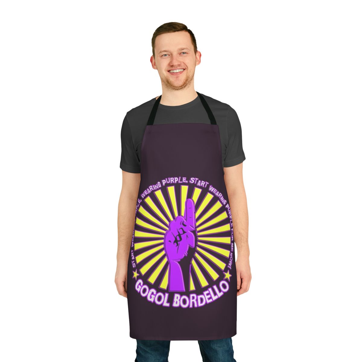 Gogol Bordello inspired purple apron with the band's name and logo