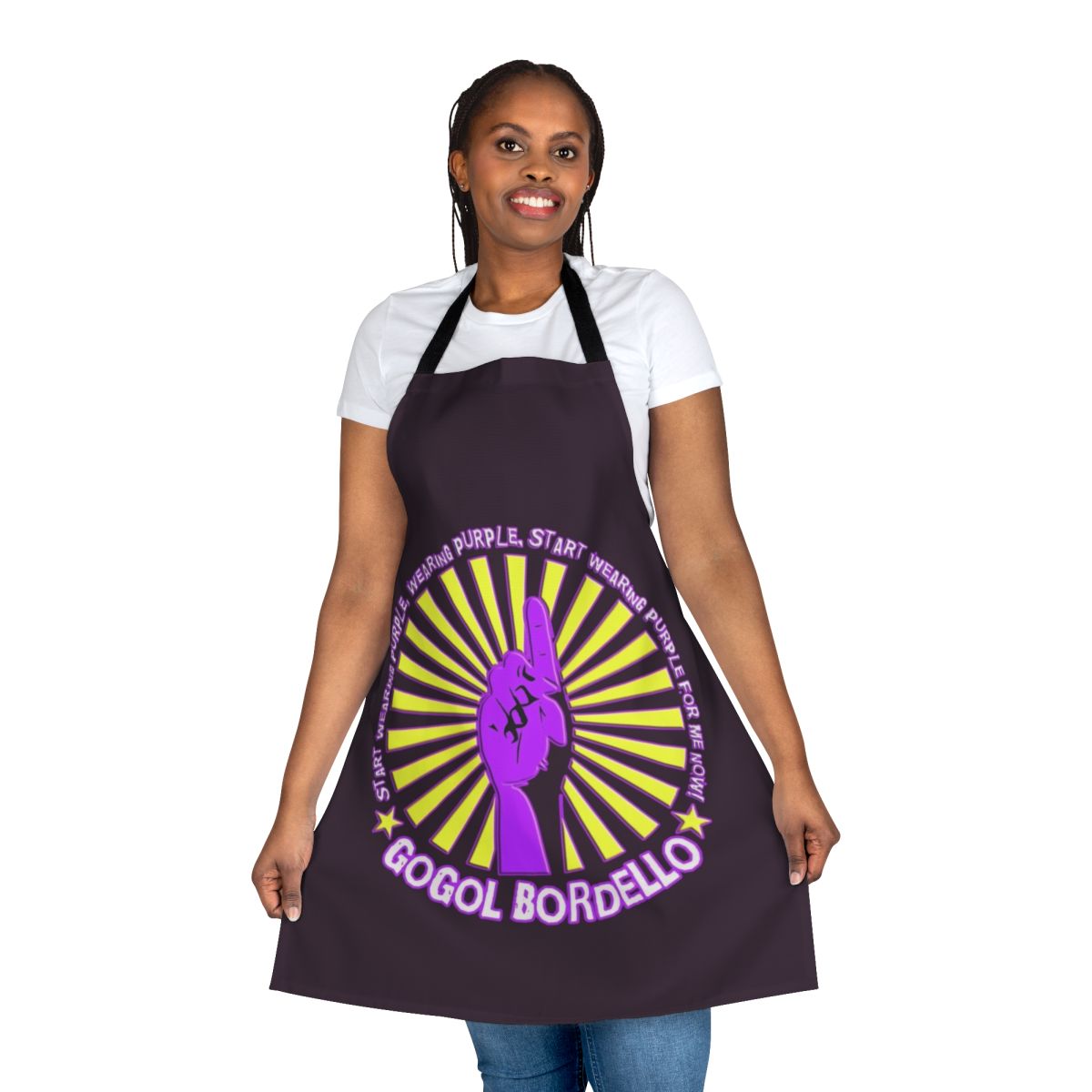Gogol Bordello inspired purple apron with the band's name and logo