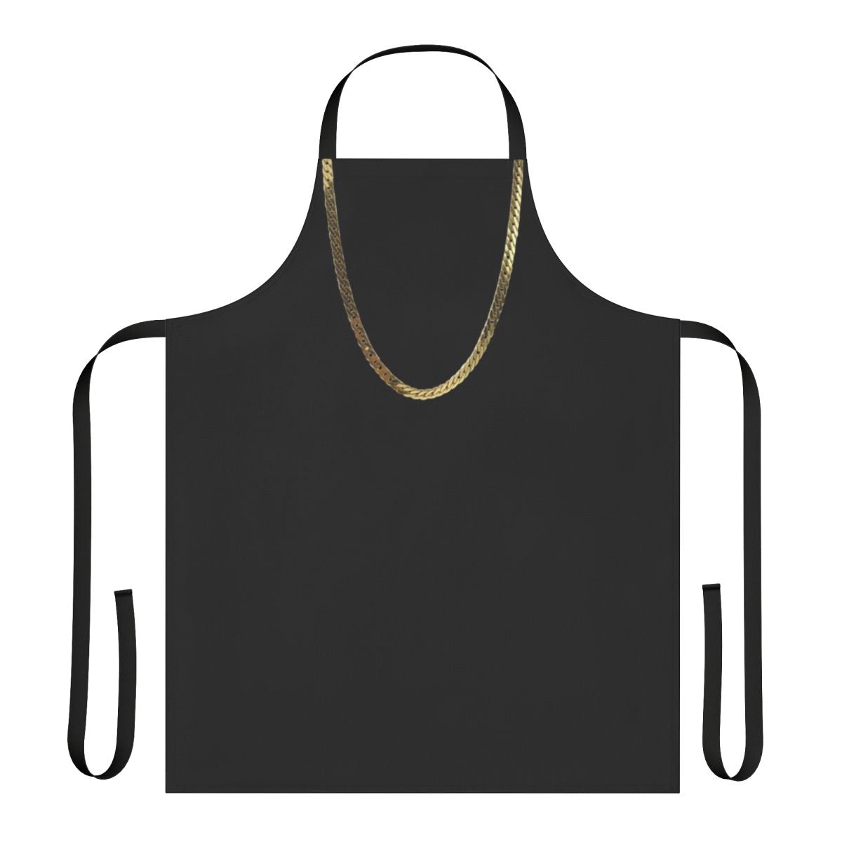 Model wearing a gold chain apron in the kitchen