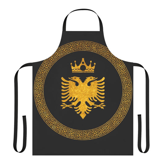 Fashionable gold eagle apron featuring the Albanian flag and double-headed eagle symbol.