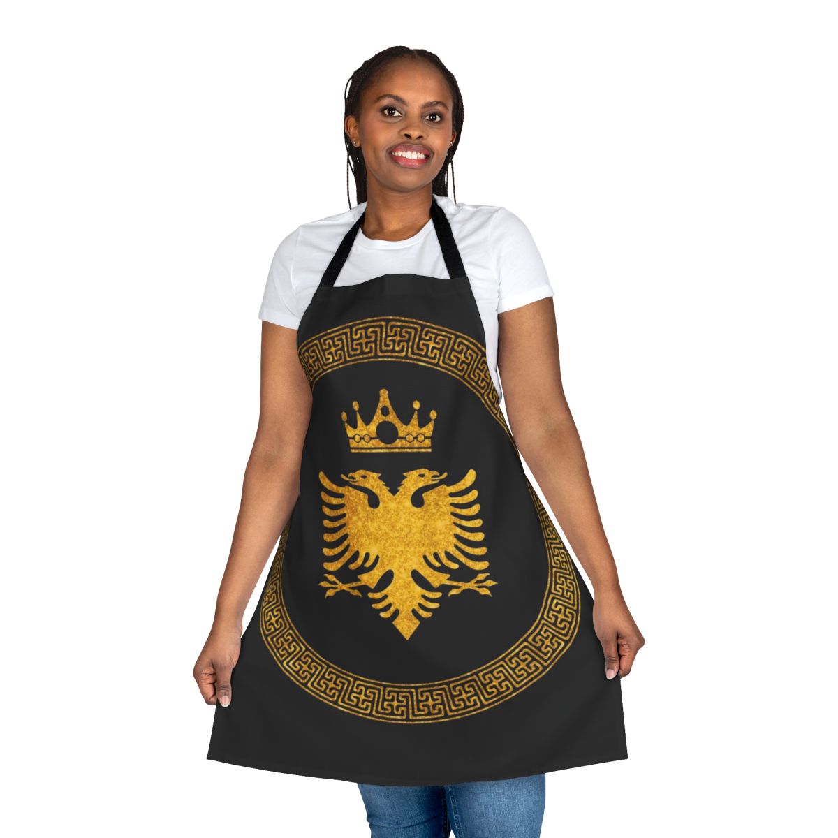 Fashionable gold eagle apron featuring the Albanian flag and double-headed eagle symbol.