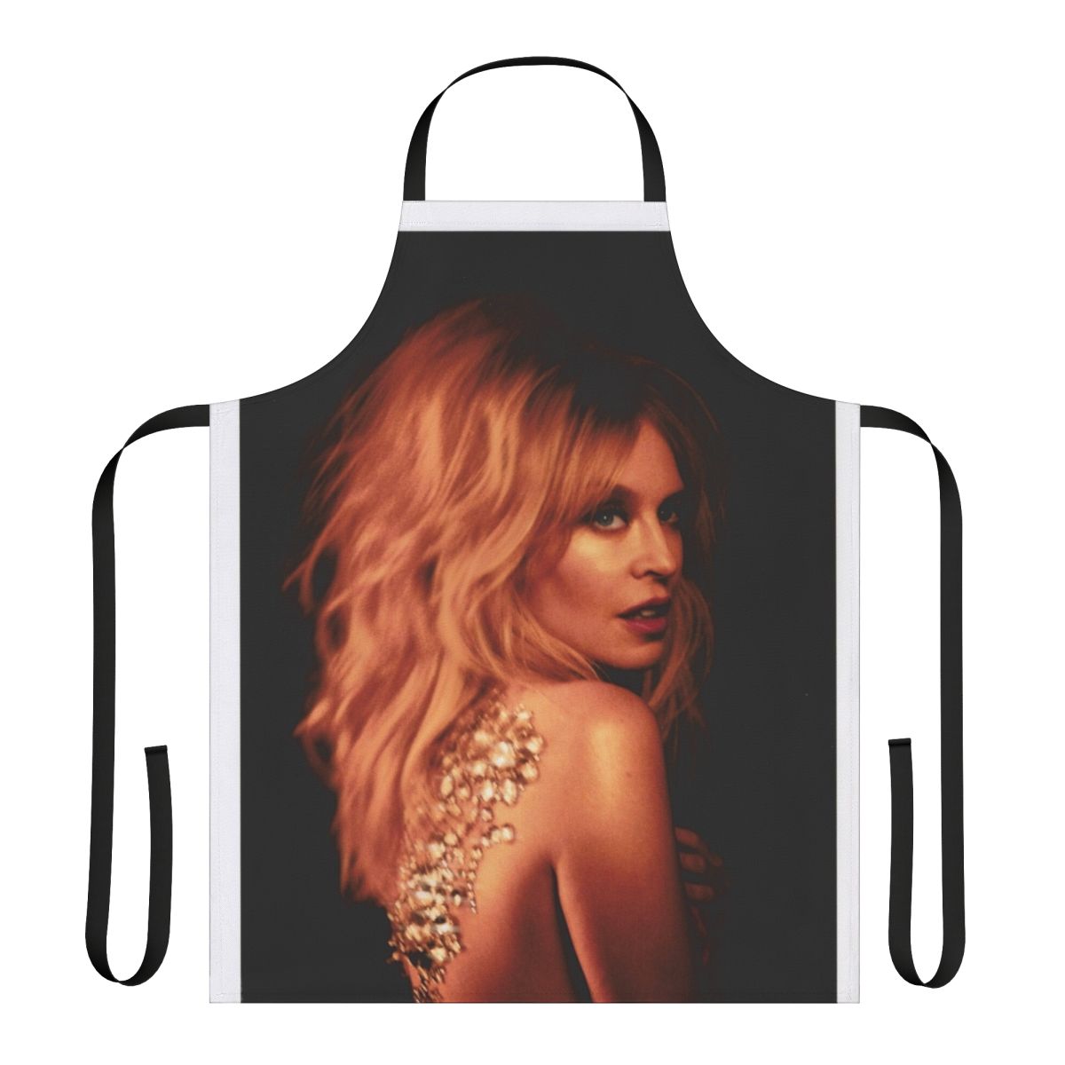 Elegant golden apron with black accents, inspired by Kylie Minogue's signature style