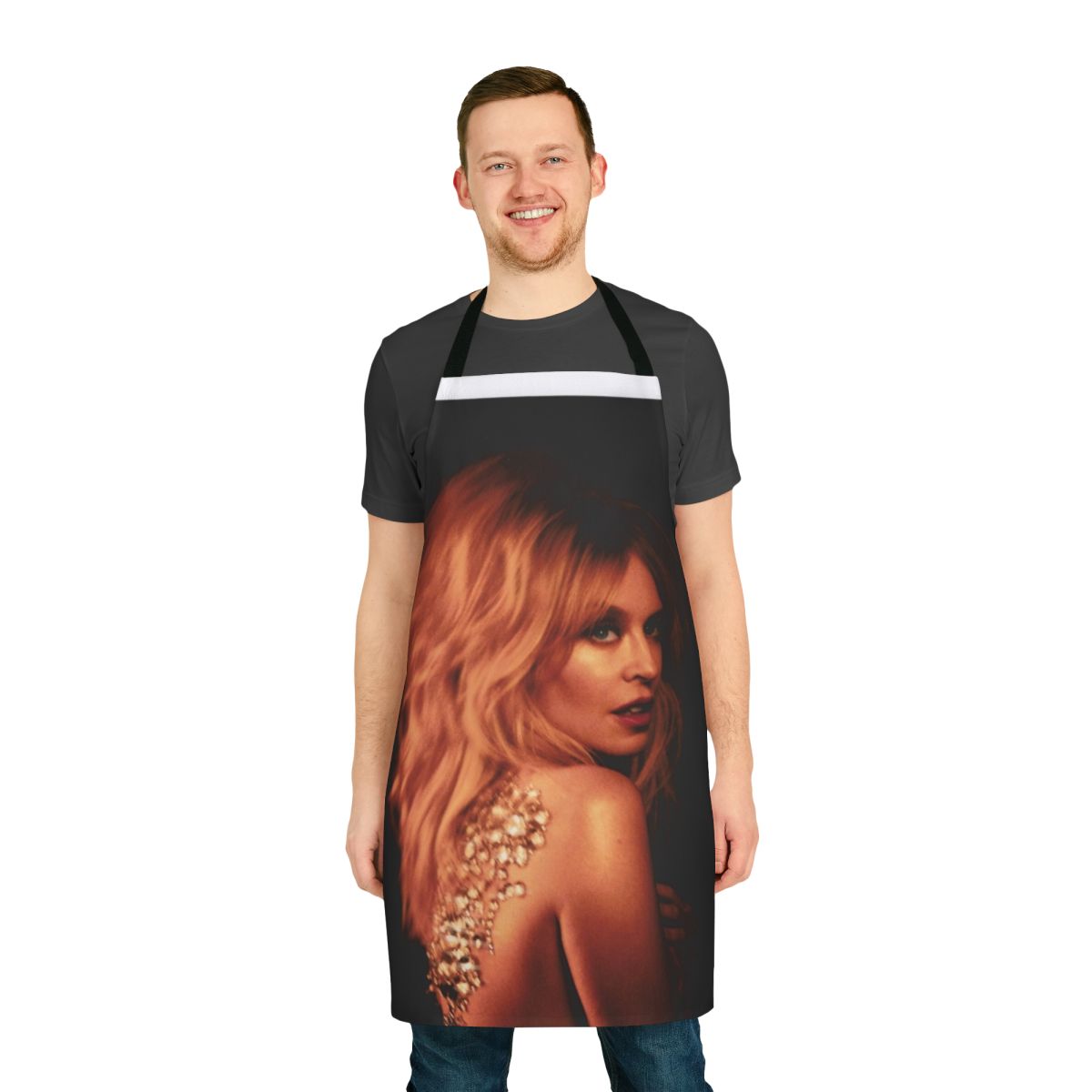 Elegant golden apron with black accents, inspired by Kylie Minogue's signature style