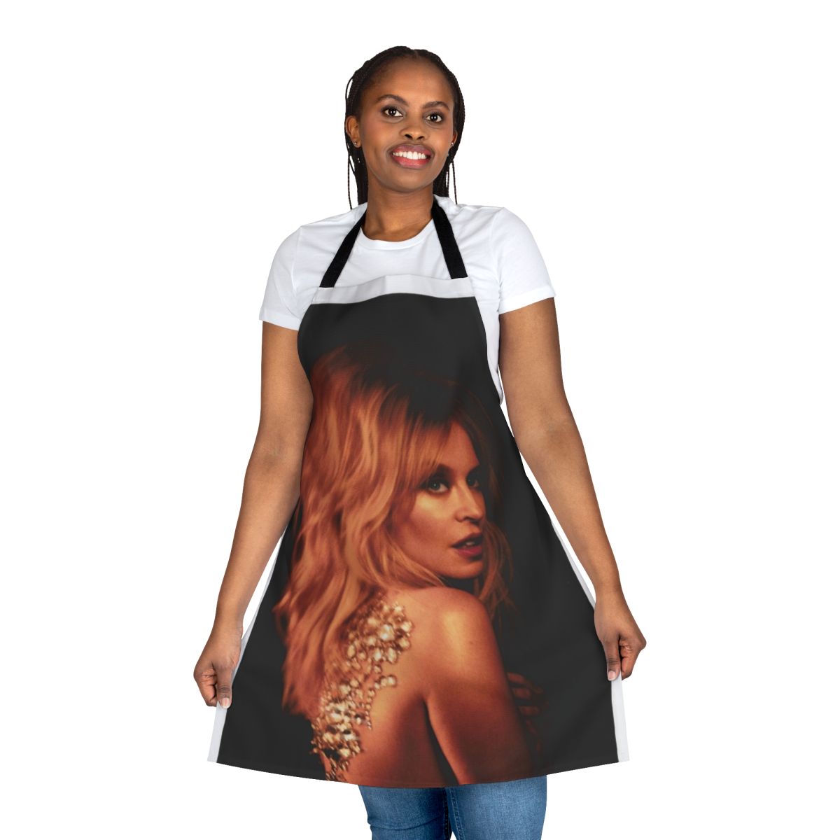 Elegant golden apron with black accents, inspired by Kylie Minogue's signature style