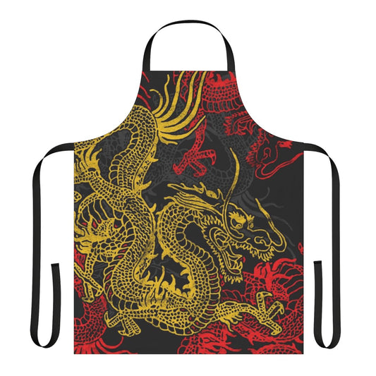 A colorful apron featuring a vibrant golden dragon pattern, perfect for fans of Chinese mythology and dragon enthusiasts.