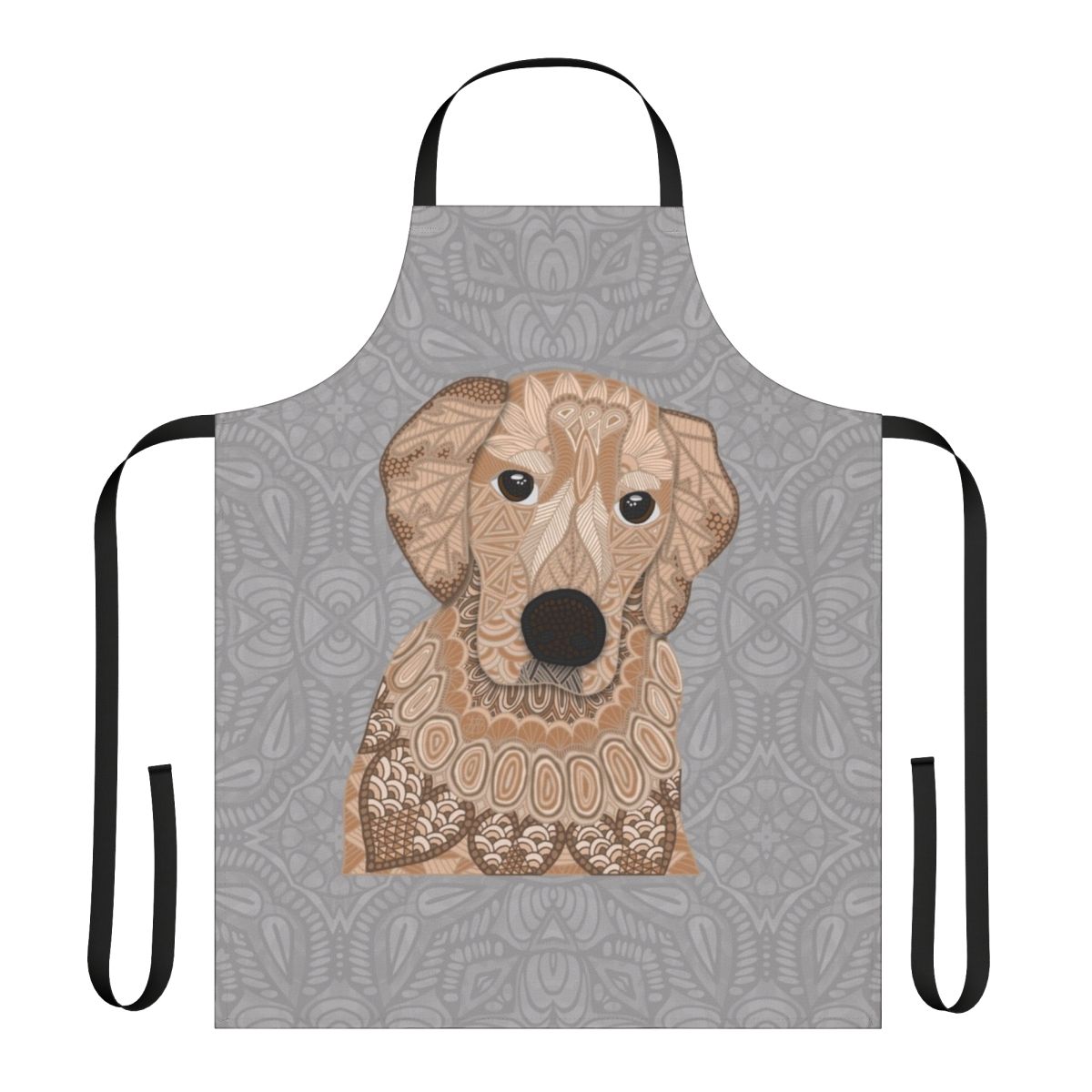 Intricately designed apron featuring a beautiful golden retriever illustration