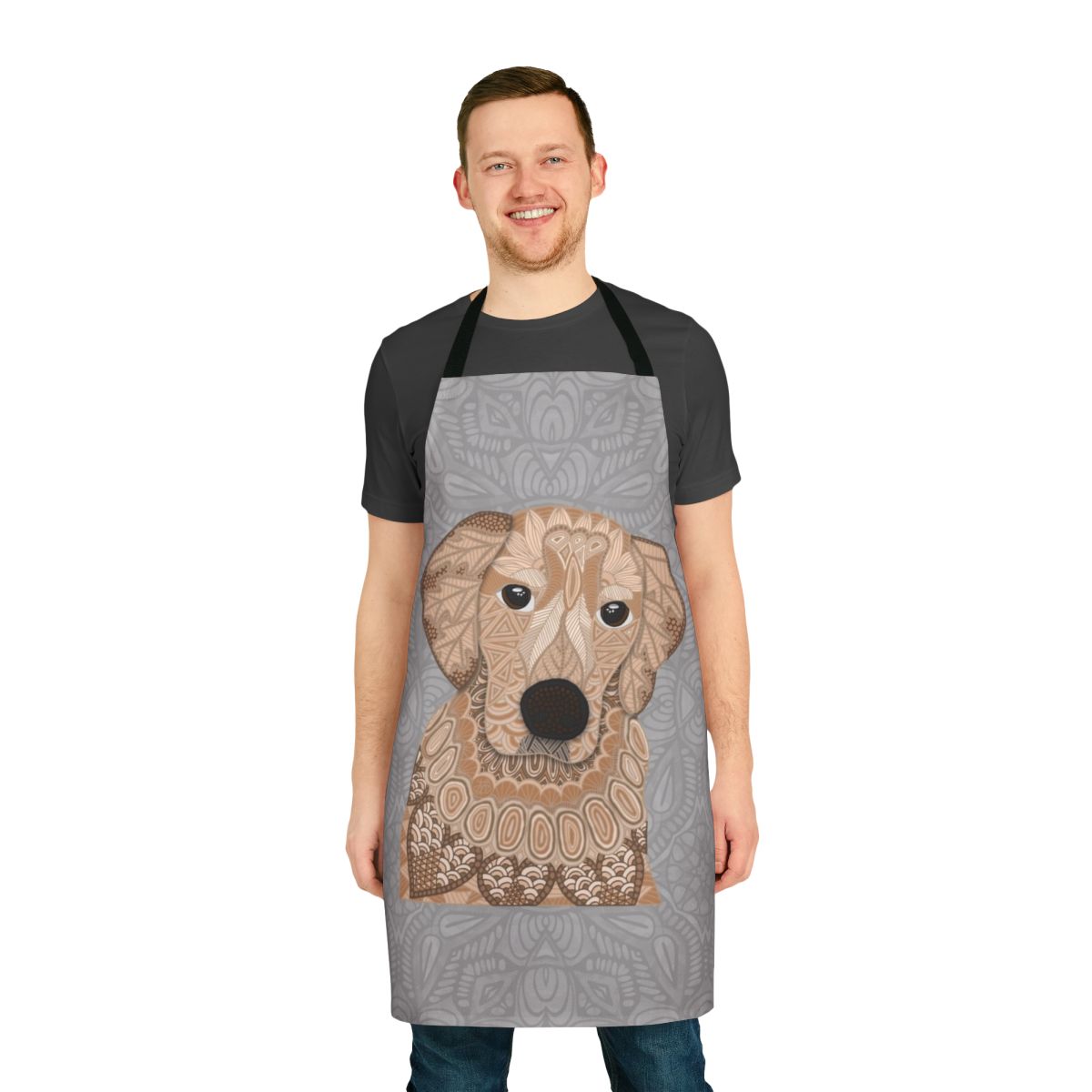 Intricately designed apron featuring a beautiful golden retriever illustration