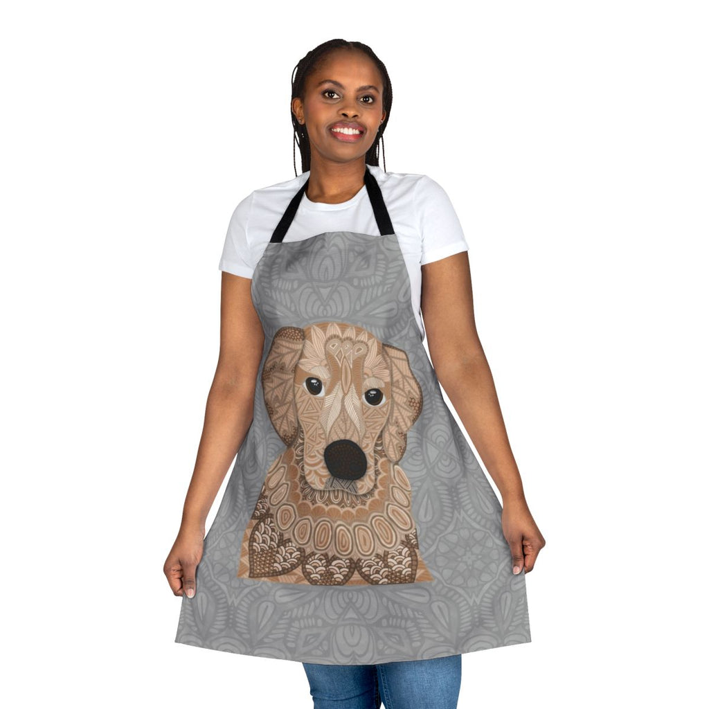 Intricately designed apron featuring a beautiful golden retriever illustration