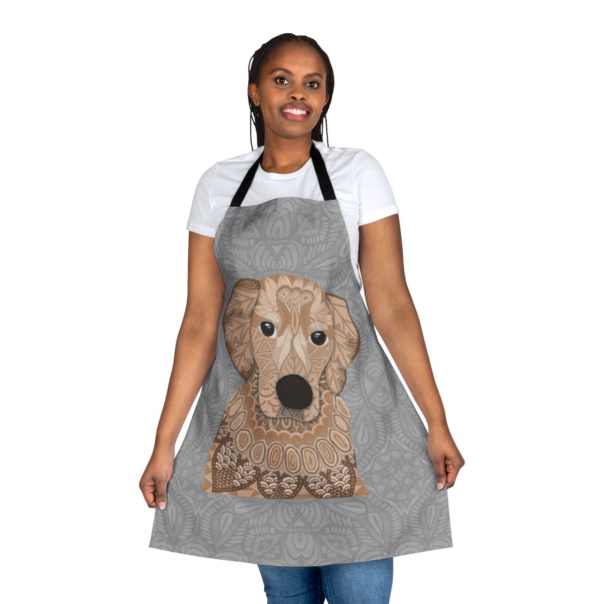 Intricately designed apron featuring a beautiful golden retriever illustration