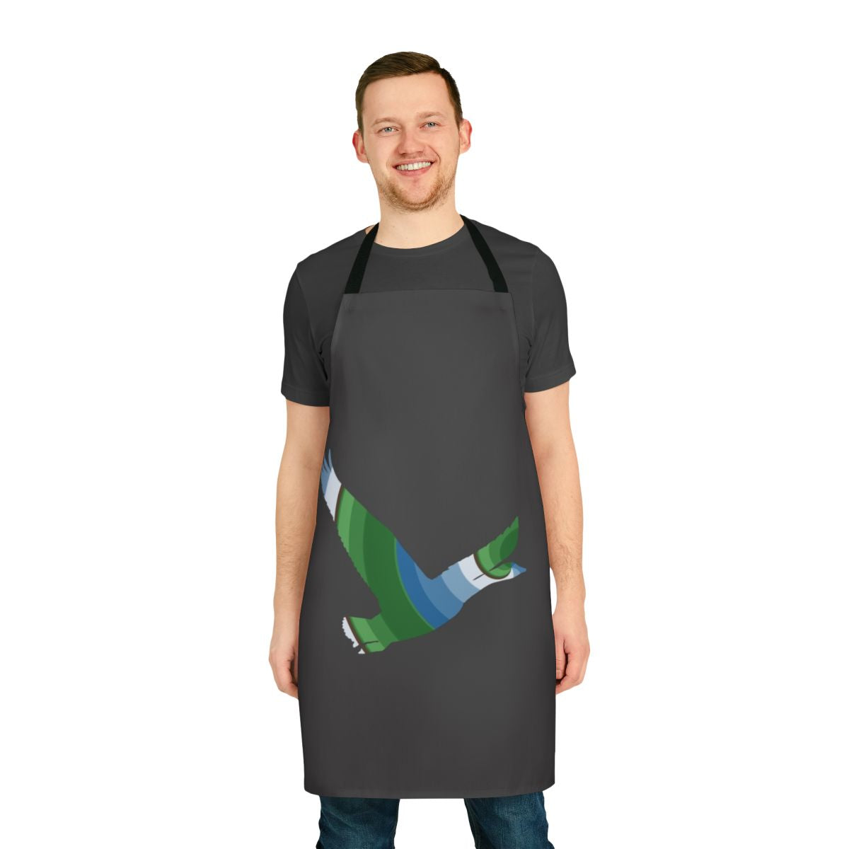 Colorful apron featuring a playful goose design and other legendary animal illustrations.