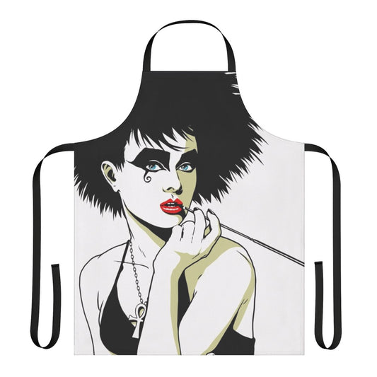 Model wearing a stylish gothic apron with punk and dark imagery