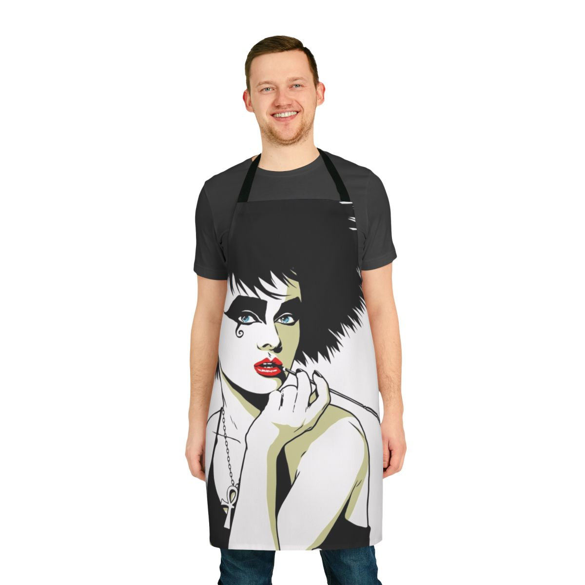 Model wearing a stylish gothic apron with punk and dark imagery