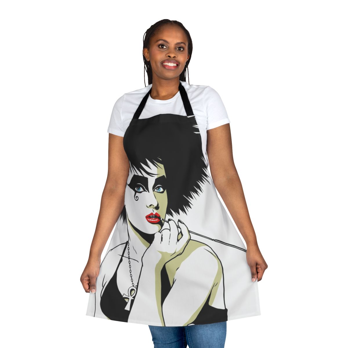 Model wearing a stylish gothic apron with punk and dark imagery