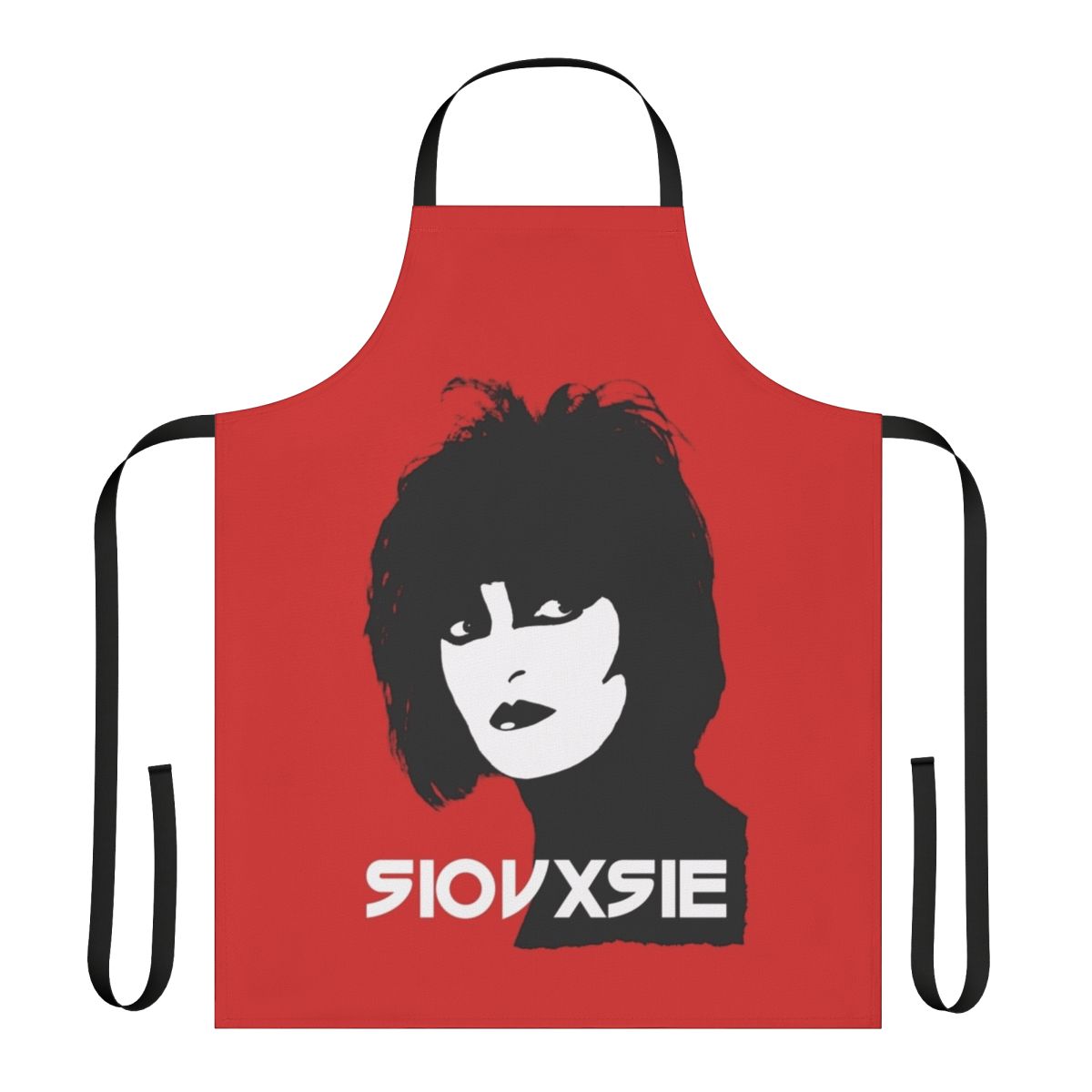 A black and white apron with a striking Siouxsie Sioux-inspired design, perfect for music lovers and fans of post-punk style.