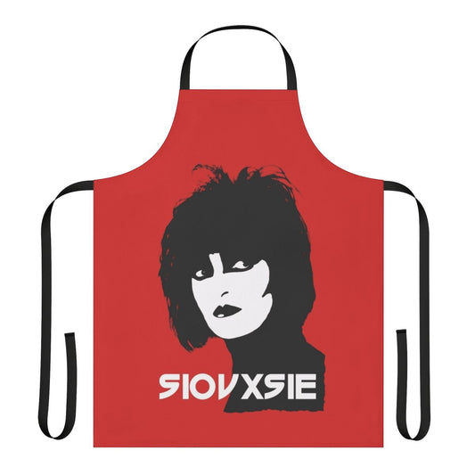 A black and white apron with a striking Siouxsie Sioux-inspired design, perfect for music lovers and fans of post-punk style.