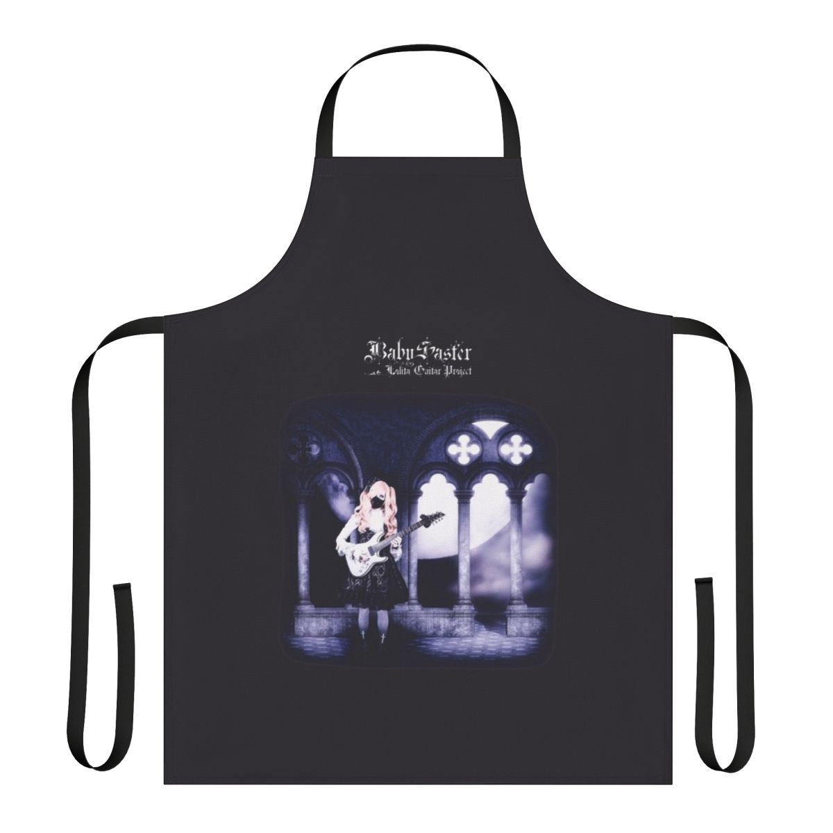 A model wearing a custom gothic lolita-style apron, featuring a toccata guitar design.