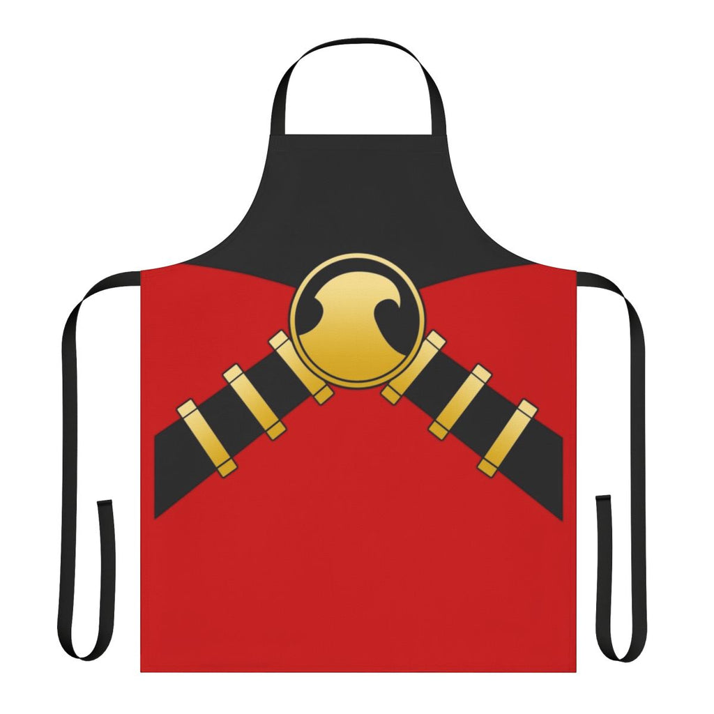 A red apron with a vibrant robin graphic design, perfect for the kitchen or restaurant.