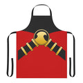 A red apron with a vibrant robin graphic design, perfect for the kitchen or restaurant.